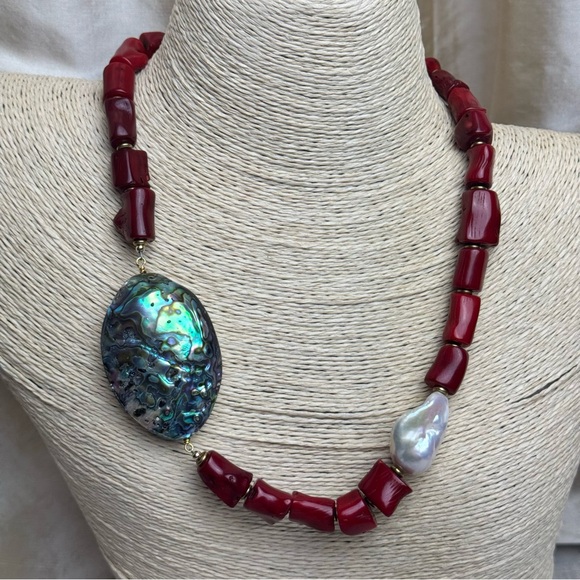 Handmade Coral Abalone Pearl Beaded Statement Necklace - Picture 8 of 8